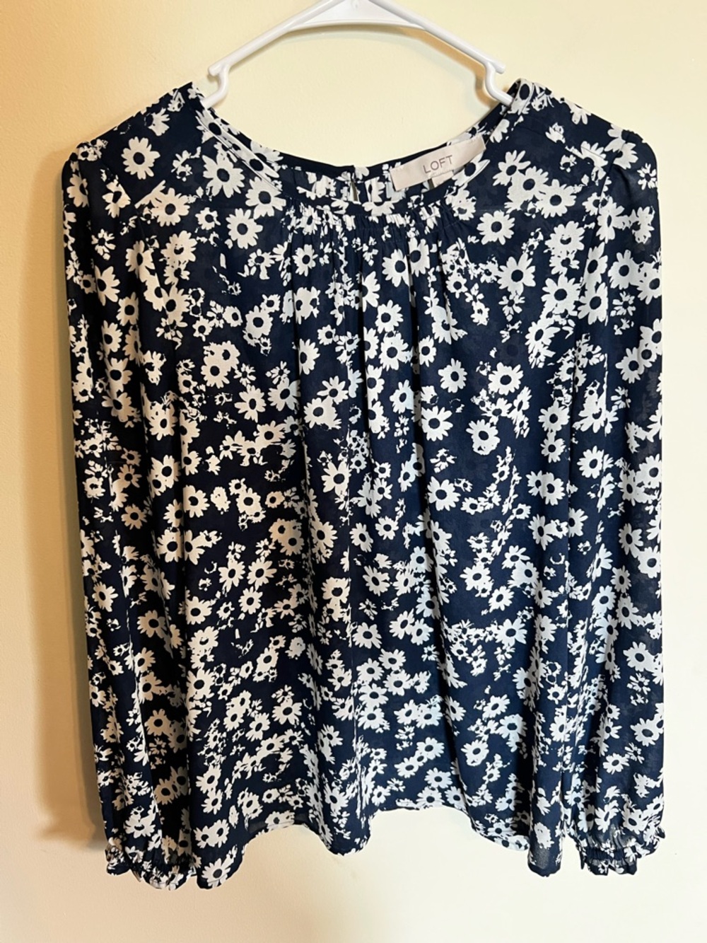LOFT Navy Floral Long Sleeve Peasant Blouse